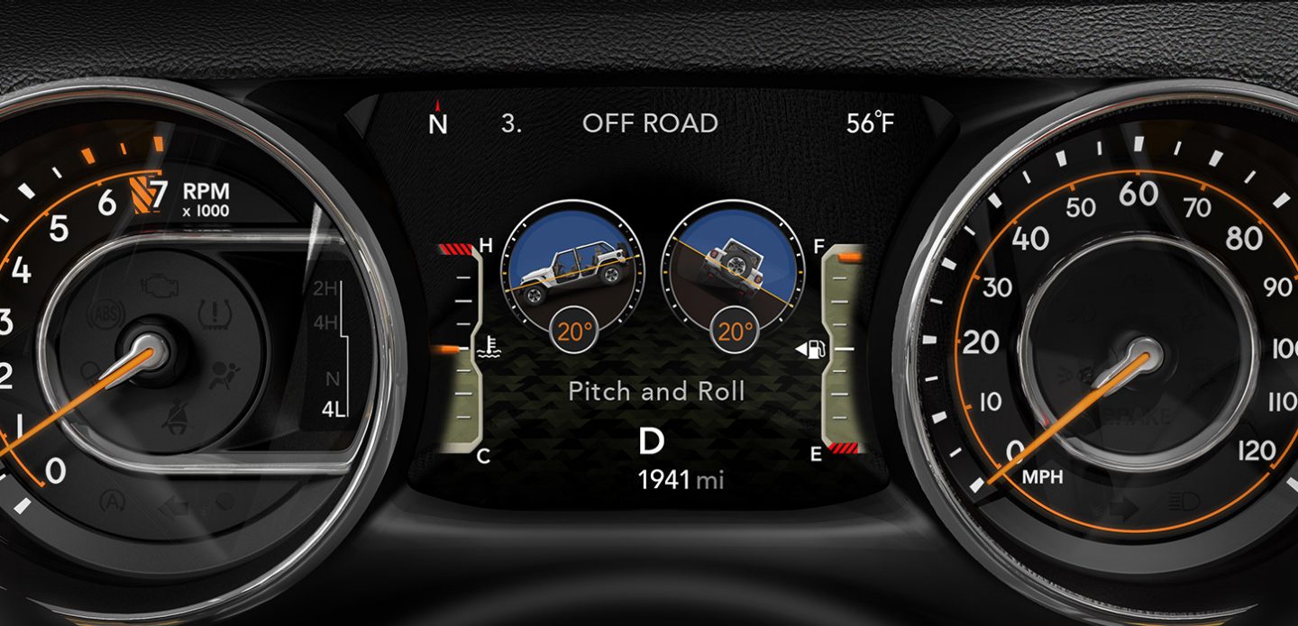 The Driver Information Digital Cluster Display in the 2021 Jeep Wrangler Rubicon, showing the vehicle's current pitch and roll are both 20%.