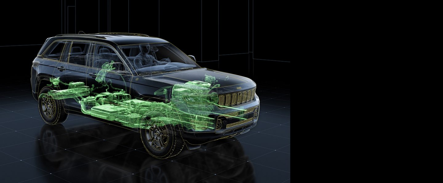 Una ilustración que muestra a un Jeep Grand Cherokee 2023 por dentro resaltando su motor de gasolina, su batería y sus frenos regenerativos.